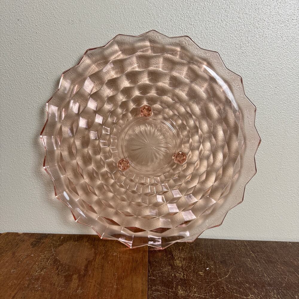 Pink Depression Glass Cubist Footed Cake Dessert Serving Plate